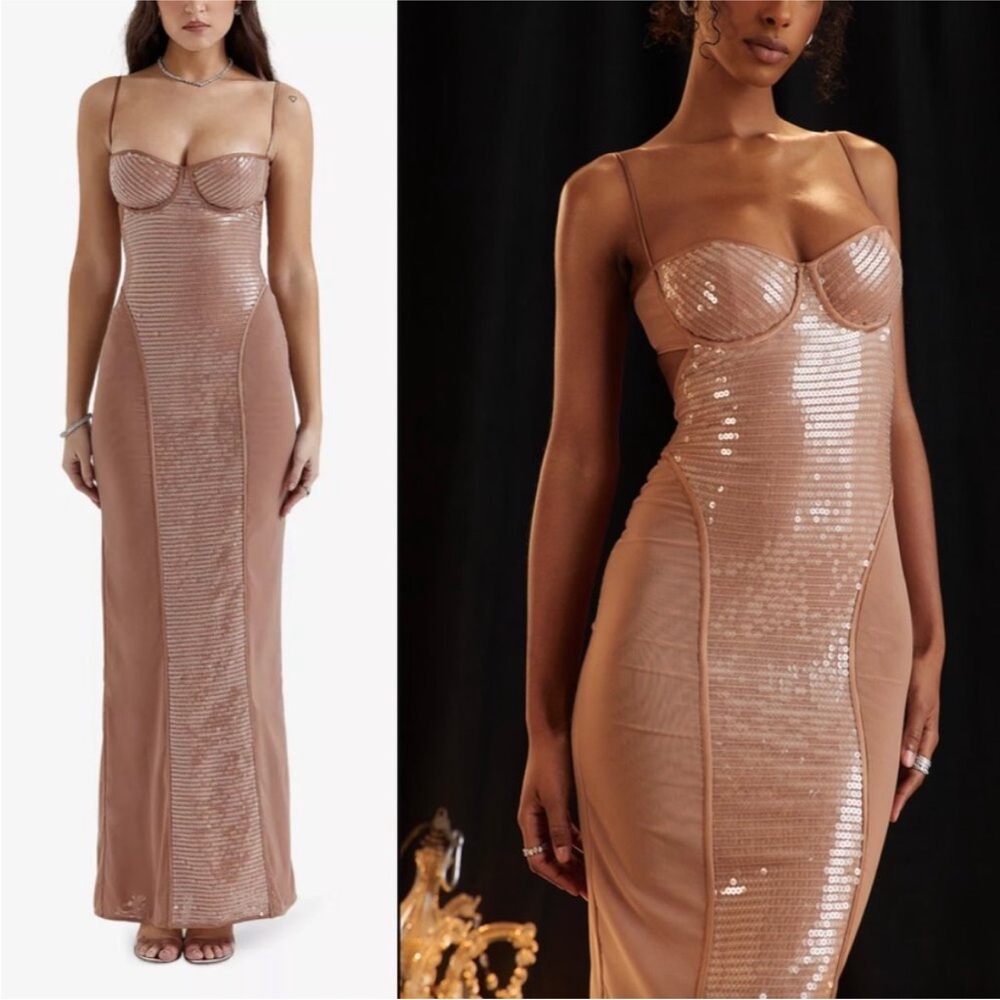 HOUSE OF CB Bonita Au Lait Sequin Maxi Dress in Cafe Size XS